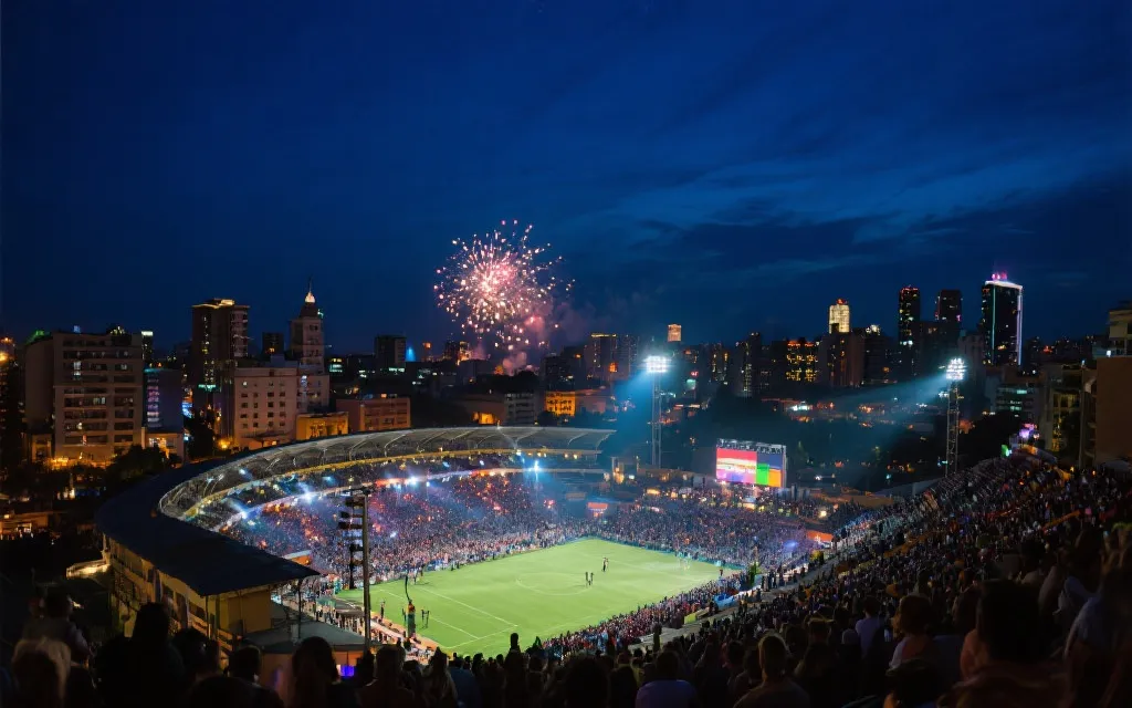 墨西哥风格城市夜景与体育场灯光氛围，远处人群聚集等待决赛开球